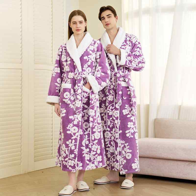 バスローブ 男女兼用 秋冬 厚手 もこもこ フリース ジャガード織り 大きいサイズ ゆったり ガウン ルームウェア パジャマ 二重 保温 暖かい 寝巻き