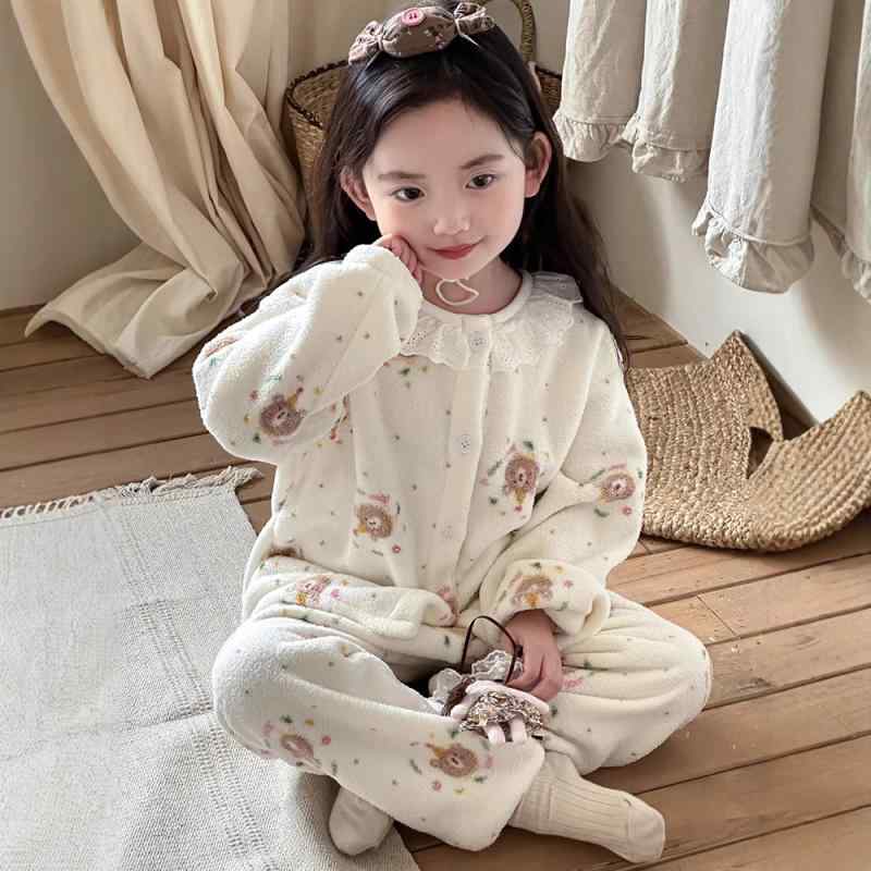 パジャマ 女の子 ベビー ルームウェア 秋冬 裏起毛 厚手 フランネル ポリエステル 前開き カーディガン セットアップ 韓国風 フリル かわいい スイートデザイン 部屋着 寝巻き 保温 静電気防止