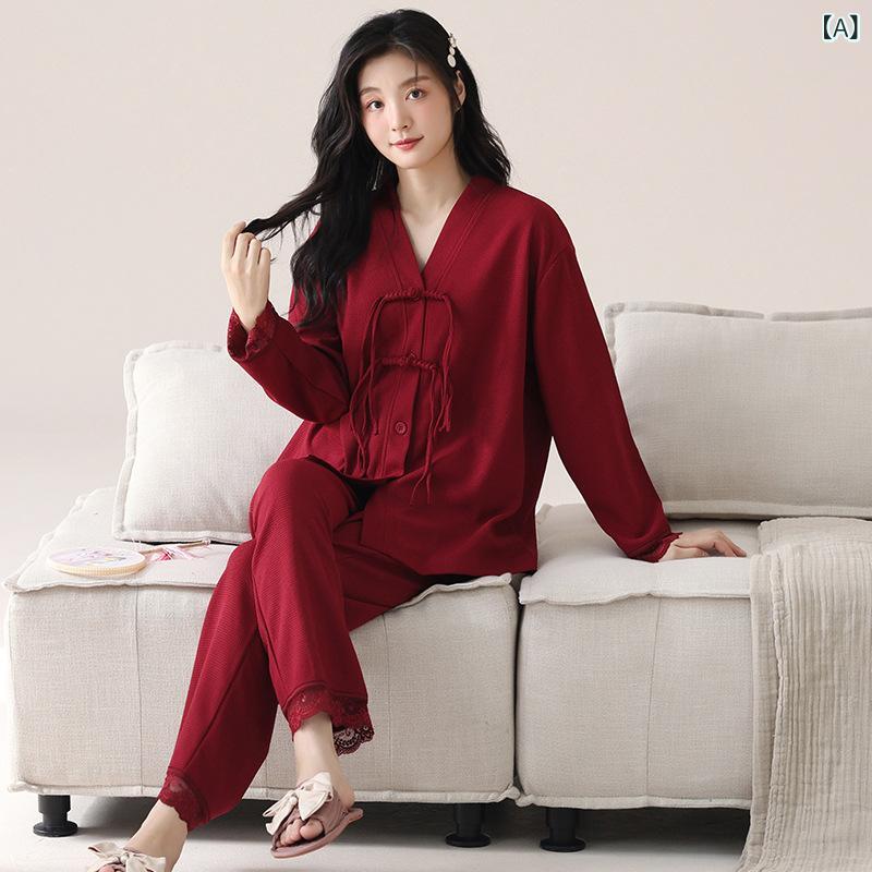 パジャマ カップル ルームウェア ワッフル 綿100% 長袖 長ズボン 上下セット 襟付き 伸縮性 通気性 保温性 快適 結婚祝い 新婚祝い 赤 春秋