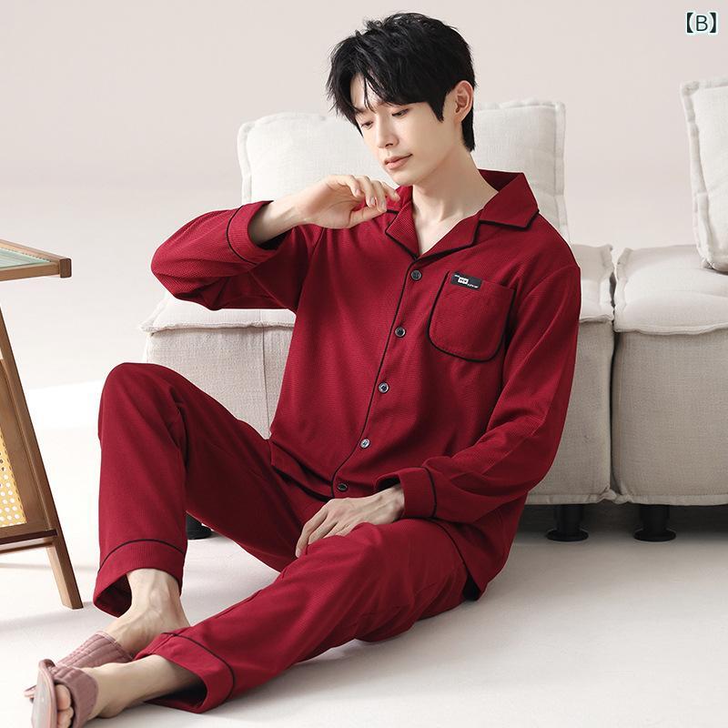 パジャマ カップル ルームウェア ワッフル 綿100% 長袖 長ズボン 上下セット 襟付き 伸縮性 通気性 保温性 快適 結婚祝い 新婚祝い 赤 春秋