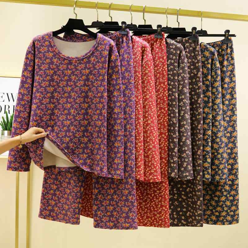 パジャマ シニア女性 高齢女性向け 徳絨 裏起毛 フリース 厚手 保温 防寒 花柄プリント レトロ カジュアル 上下セット 秋冬 パープル レッド ネイビー ブラウン 長ズボン 部屋着 リラックス あったか