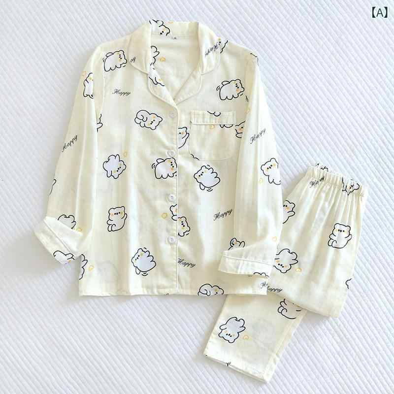 パジャマ カップル ペア 男女兼用 開襟 長袖 ロングパンツ セットアップ ダブルガーゼ 綿100% 薄手 クマ柄 キャラクター 快適 通気性 部屋着 ルームウェア 春夏秋 カジュアル