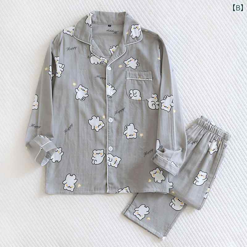パジャマ カップル ペア 男女兼用 開襟 長袖 ロングパンツ セットアップ ダブルガーゼ 綿100% 薄手 クマ柄 キャラクター 快適 通気性 部屋着 ルームウェア 春夏秋 カジュアル