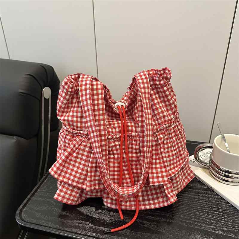 鞄 レディース チェック柄 格子柄 春夏 通勤 オフィス ビジネス 普段使い デイリーユース シンプル おしゃれ 上品 トレンド 個性的デザイン 大容量 たっぷり収納 トート型 ショルダー型 バケット型 肩掛け ブラック系 レッド系 ブルー系 ピンク系