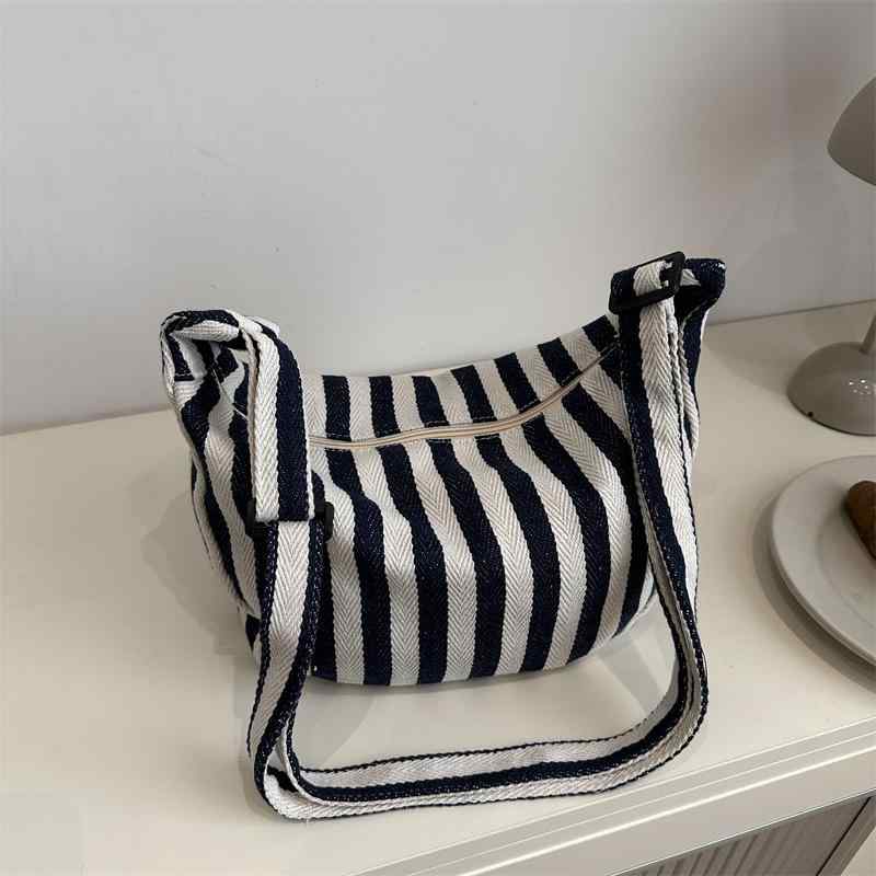 バッグ レディース キャンバス トート ショルダーバッグ レトロ 韓国ファッション ギョーザ型 ストライプ柄 大容量 ソフト ファスナー開閉 ブラック レッド ブルー 普段使い(4)