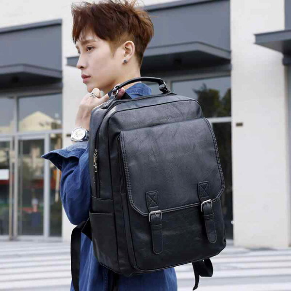 way-ugoのリュック メンズ 男性用 おしゃれ トレンド 韓国風 バックパック 通学用 ビジネス 通勤 旅行用 大容量 PC収納 15インチ対応 防水 耐摩耗 防犯 カジュアル PUレザー ブラック ブラウン|詳細画像