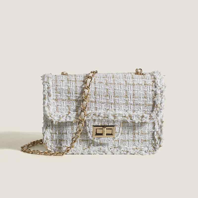 ショルダーバッグ レディース 秋冬 カジュアル チェーン ツイード ミニ スクエア 横型 高級感 ワンショルダー 肩掛け 斜め掛け クロスボディ 脇下 ホワイト 普段使い