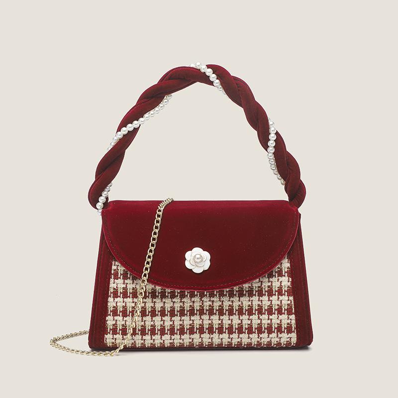 バッグ レディース ベロア ワインレッド 結婚式 ブライダル 高級感 個性的 千鳥格子 手提げ ミニ 横型スクエア チェーンストラップ マグネット開閉