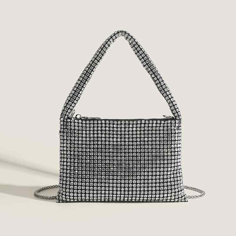 ショルダーバッグ レディース 女性用 肩掛け バゲットバッグ トレンド 韓国ファッション おしゃれ 万能 ラインストーン きらめき 個性派デザイン シルバー PUレザー ミニ チェーン 横型 スクエア ファスナー スマホ収納 ダブルストラップ 春夏