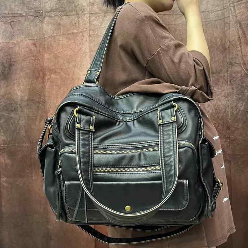 トートバッグ レディース Y2K ウォッシュ加工 ユーズド加工 ライダーステイスト 大容量 日韓風 ストリート カジュアル ショルダー 斜め掛け ブラック PUレザー ファスナー開閉 内ポケット 普段使い 春夏