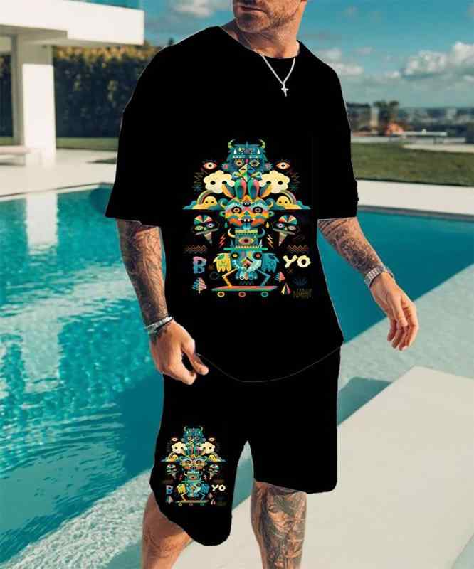 セットアップ メンズ 男性用 カジュアル ゆったり ビッグシルエット 半袖 Tシャツ ショートパンツ ハワイアン 3Dデジタルプリント リゾート ビーチ 海辺 普段使い 旅行 春夏