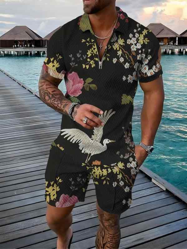 POLOシャツ メンズ 半袖 ジップアップ襟 切り替え スリムフィット セットアップ カジュアル 普段使い スポーツウェア 春夏 綿混 ナイロン混