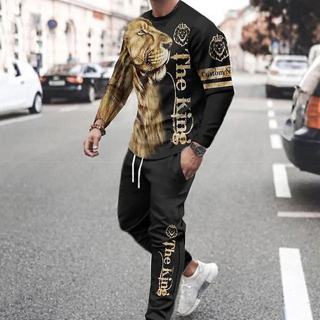 メンズ セットアップ 春秋 スポーツ カジュアル アニマル柄 3Dプリント 長袖 クルーネック ロングパン..