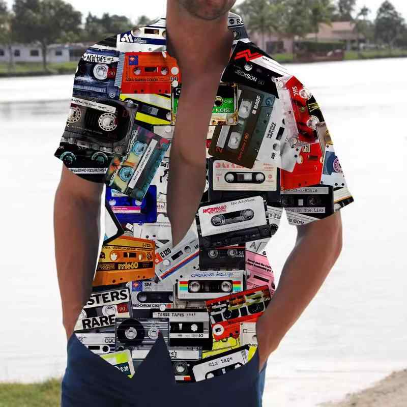 シャツ メンズ 半袖 オープンカラー レトロ エスニック ハワイアン ラジオ柄プリント ポリエステル 薄..