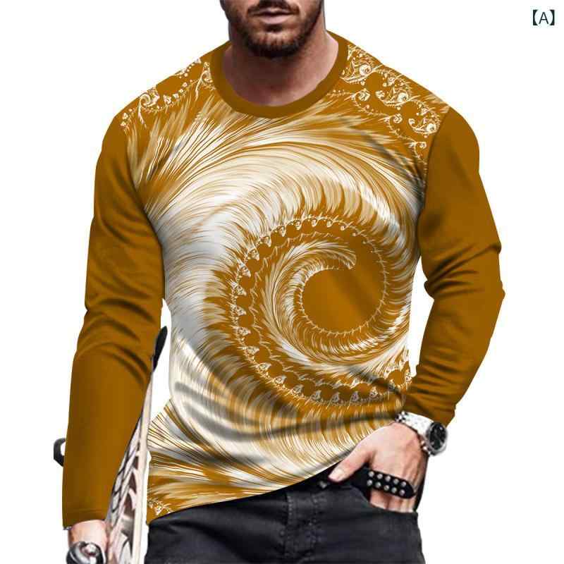Tシャツ メンズ 男性用 長袖 クルーネック 丸首 ポリエステル 渦巻き模様 マルチカラー 3Dデジタルプリント ストリート系 カジュアル 普段使い トレンドファッション トップス