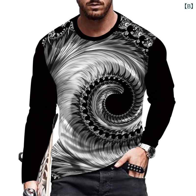 Tシャツ メンズ 男性用 長袖 クルーネック 丸首 ポリエステル 渦巻き模様 マルチカラー 3Dデジタルプリント ストリート系 カジュアル 普段使い トレンドファッション トップス