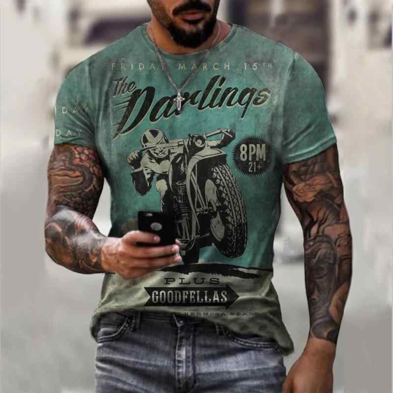 Tシャツ メンズ バイカー ストリート カジュアル アメカジ ビッグシルエット ゆったり 半袖 ショートスリーブ プルオーバー クルーネック 3Dプリント ポリエステル メッシュ素材 吸汗速乾 通気性 トップス