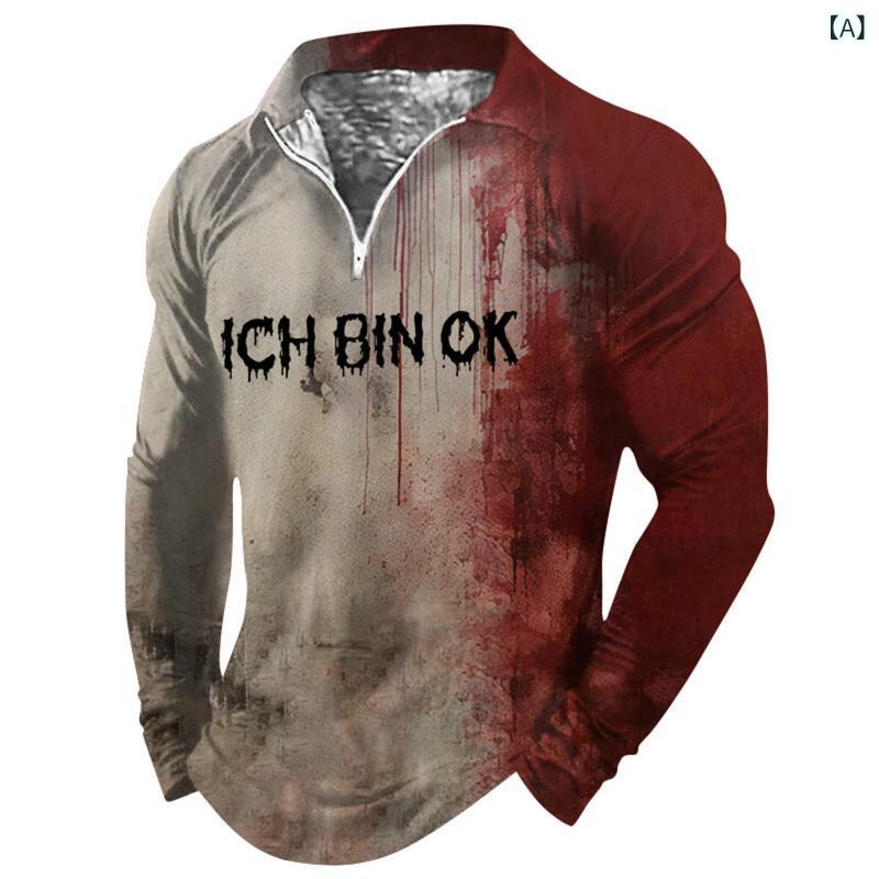 ポロシャツ メンズ ストリート系 長袖 ジップアップ I AM FINE レタリング 3Dデジタルプリント ハロウィンデザイン ゆったり ルーズフィット 鹿の子生地 ポリエステル カジュアル 普段使い 春秋