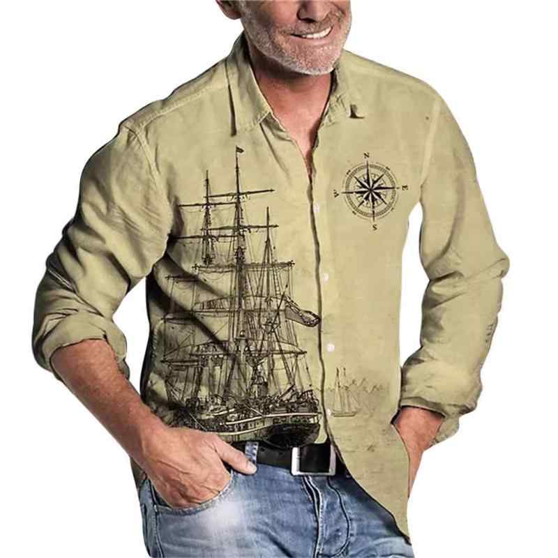シャツ メンズ 長袖 ヨット柄 3Dプリント 襟付き カーディガン カジュアル ゆったり ストレッチ 吸湿速..