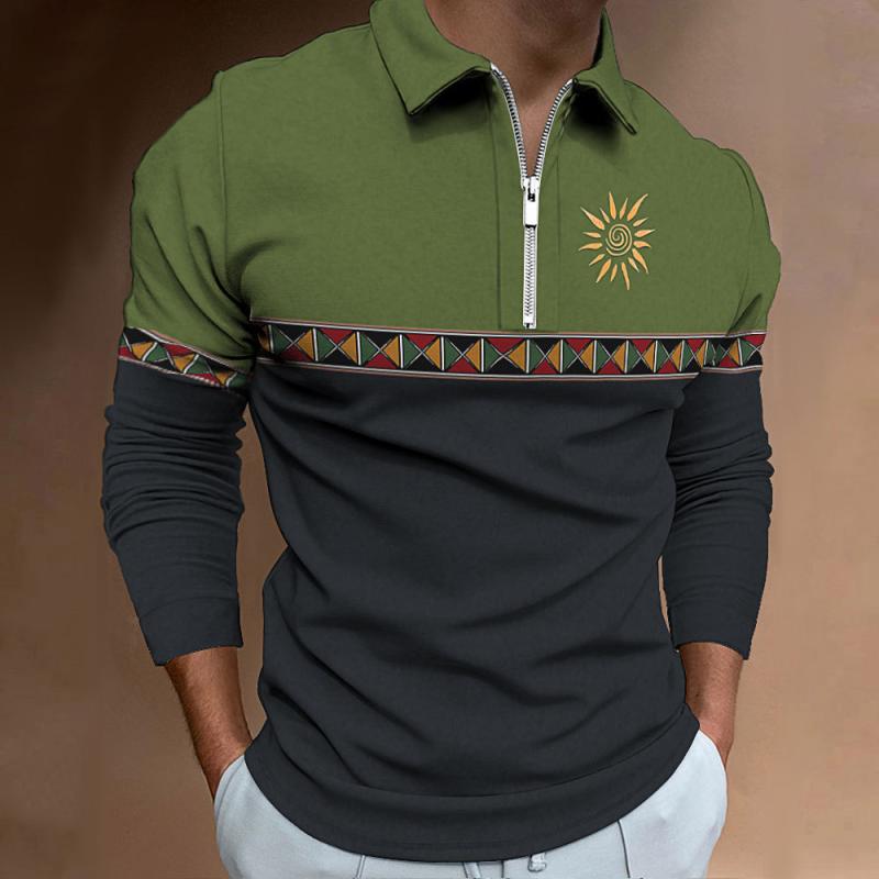 ポロシャツ メンズ 男性用 長袖 ファスナー デジタルプリント カジュアル 普段使い おしゃれ スタイリッシュ 欧米風 ポリエステル 通気性 吸湿速乾 ゆったり リラックスフィット トップス 上着 秋冬