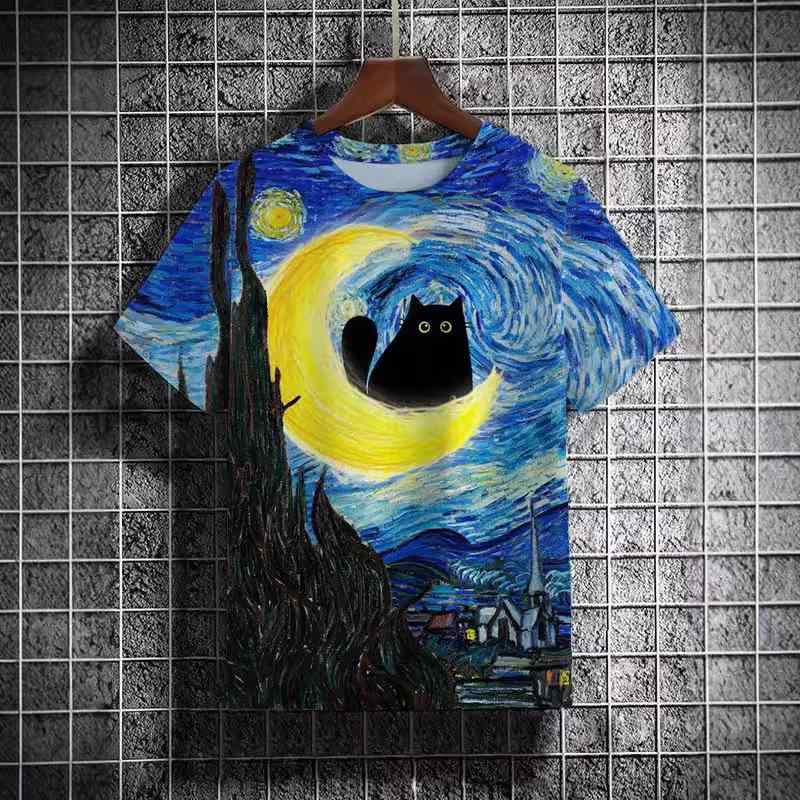 Tシャツ メンズ 日月食猫 ハロウィン 油絵風プリント ユニーク アート ポリエステル 吸湿速乾 半袖 クルーネック ルーズフィット 普段使い カジュアル ストリート
