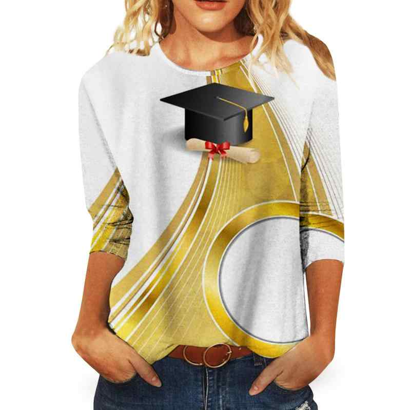 トップス レディース 女性用 卒業式 セレモニー 卒業帽柄 3Dデジタルプリント スリムフィット ラウンドネック 7分袖 フェイクコットン ポリエステル素材 春夏 カジュアル