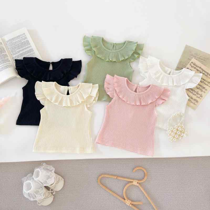 Tシャツ セットアップ ベビー 女の子 韓国風 ラウンドネック フリル袖 リブ 無地 チュニック丈 綿 吸湿速乾 肌に優しい かわいい 着回し 普段使い お出かけ 春夏