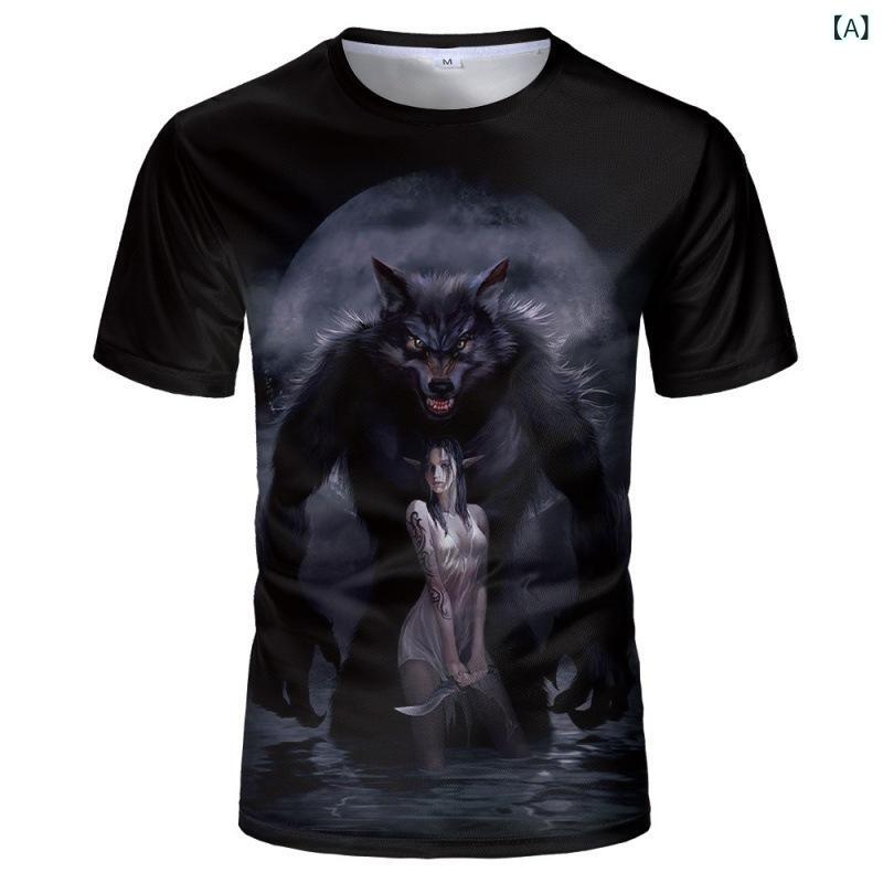 Tシャツ メンズ 狼柄 3Dグラフィックプリント 半袖 ゆったり ルーズフィット クルーネック ポリエステル 薄手 通気性 カジュアル ストリート 春夏