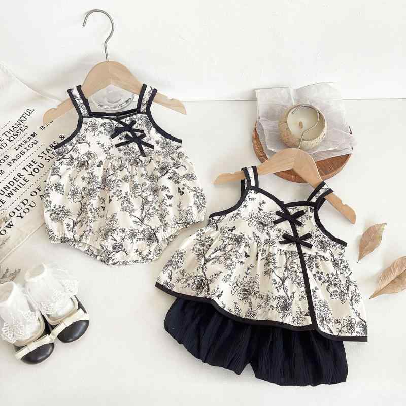 ロンパース 女の子 ベビー 春夏 薄手 中国風 小花柄 チャイナボタン ノースリーブ カバーオール セット 綿100% 股下ボタン 普段着