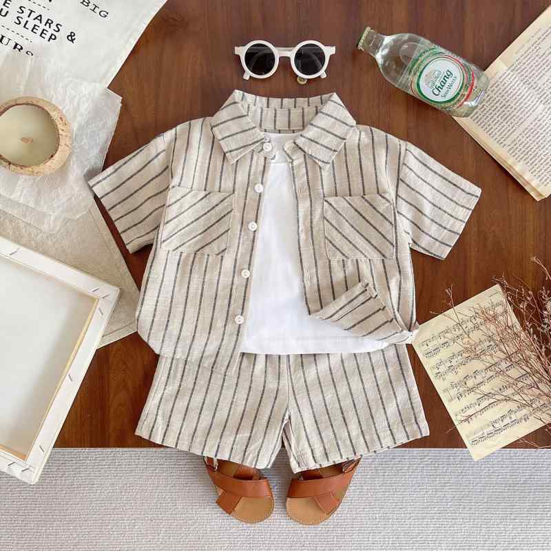ベビー キッズ 子供服 男女兼用 韓国風 ストライプ柄 半袖 ショートパンツ 上下セット コットン 綿 薄手 涼しい 快適 柔らかい 部屋着 普段使い 夏物