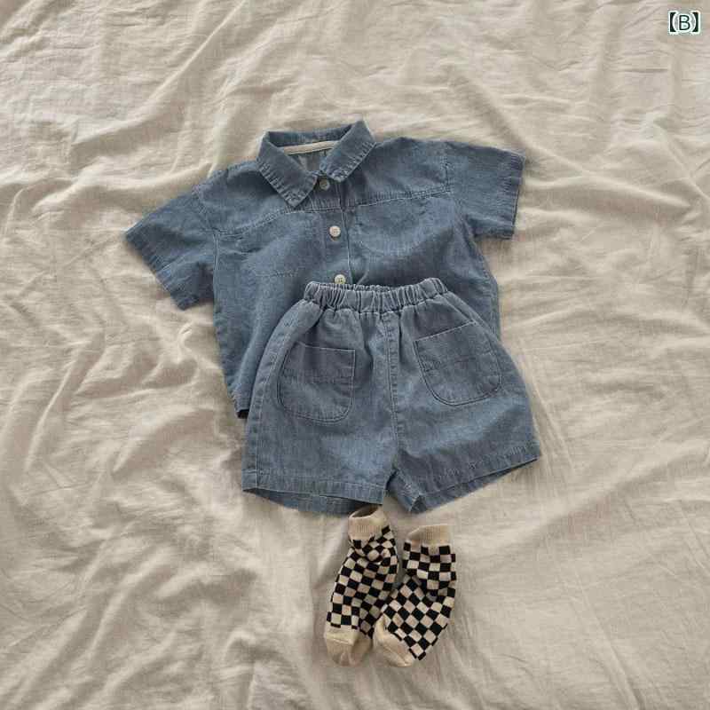 ベビー服 男の子 女の子 ユニセックス 韓国風 半袖 デニムシャツ ショートパンツ ...