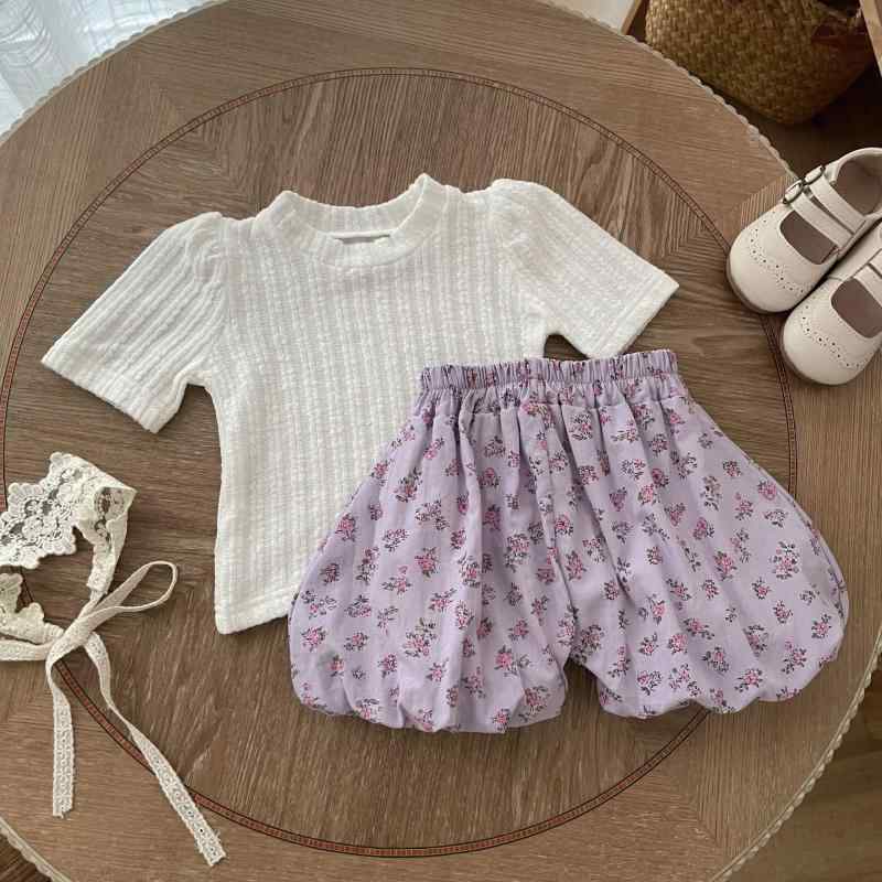 ベビー 女の子 2点セット 夏 コットン リブ 半袖 Tシャツ 小花柄 ショートパンツ ...