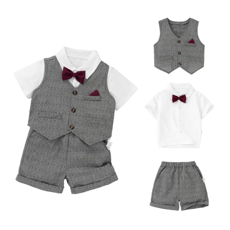 ベビー服 男の子 半袖 ショートパンツ 3点セット 英国風 紳士 フォーマル セレモニー スーツ 夏 誕生日 1歳 お呼ばれ 綿混 薄手 柔らか