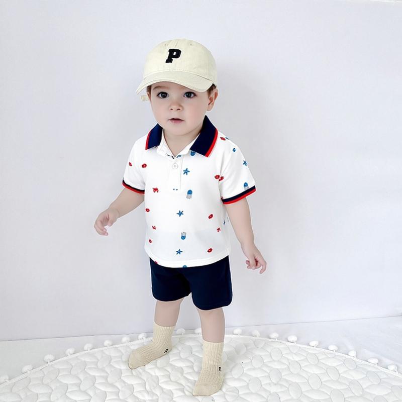 其它 - ベビー服 男の子 幼児 夏 半袖 2点セット 欧米風 学院風 スクールスタイル ポロシャツ Tシャツ ショートパンツ カジュアル 綿 薄手 柔らかい キャラクター プルオーバー