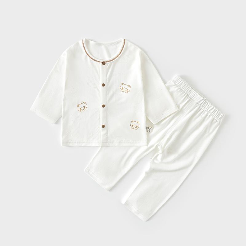 ベビー 新生児 ルームウェア パジャマ 男女兼用 上下セット 薄手 綿 コットン 吸湿速乾 ゆったり 冷房対策 夏 クルーネック アニマル柄 くま柄 ロングパンツ トップス 股開き