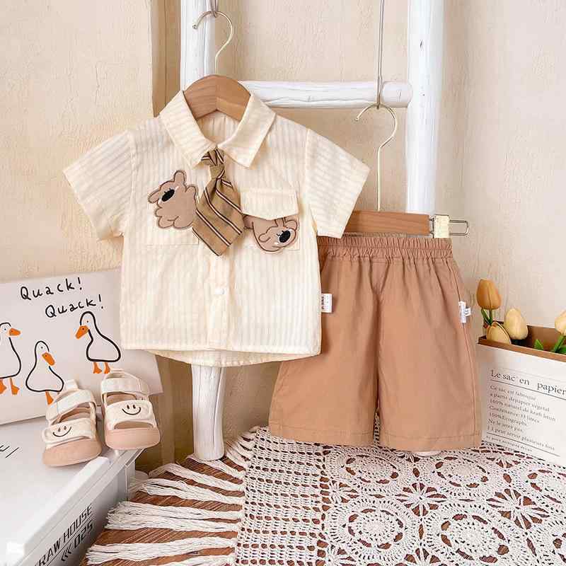 ベビーウェア 男の子 半袖 短パン セットアップ 2点セット 薄手 学院風 ストライプ 1歳児 夏物 コット..
