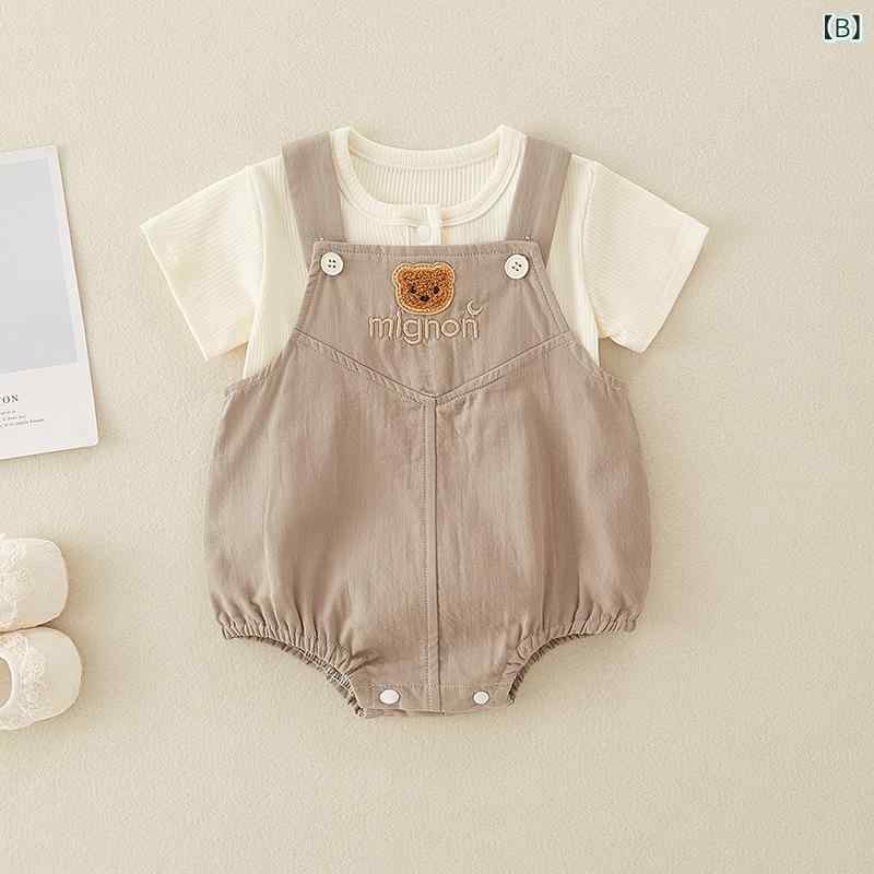 ロンパース ベビー 新生児 男女兼用 半袖Tシャツ サロペット風 ボディスーツ 2点セ...