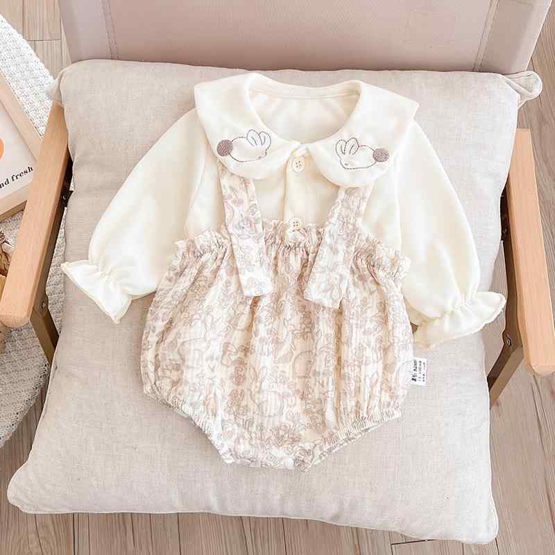 ロンパース ベビー 女の子 新生児 春秋 長袖 2点セット 上下セット 綿 コットン ストライプ柄 プリンセ..