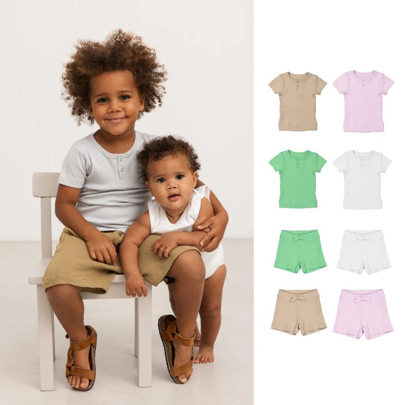 キッズ 男女兼用 セットアップ 上下セット 2点セット 半袖 プルオーバー ショートパンツ モダール 綿 薄手 無地 カジュアル お出かけ 普段着 春夏 子供服