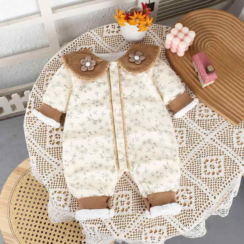 ロンパース 女の子 ベビー 新生児 春秋 長袖 かわいい 小花柄 ブラウン系 韓国風 コットン カバーオール 前開き お出かけ着 プリンセス風