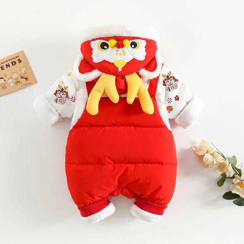 ロンパース ベビー 男女兼用 冬 厚手 赤色 お正月 お祝い 中国風 長袖 フード付き かわいい おしゃれ カバーオール 赤ちゃん ポリエステル 防寒 乳幼児 フォーマル 記念撮影