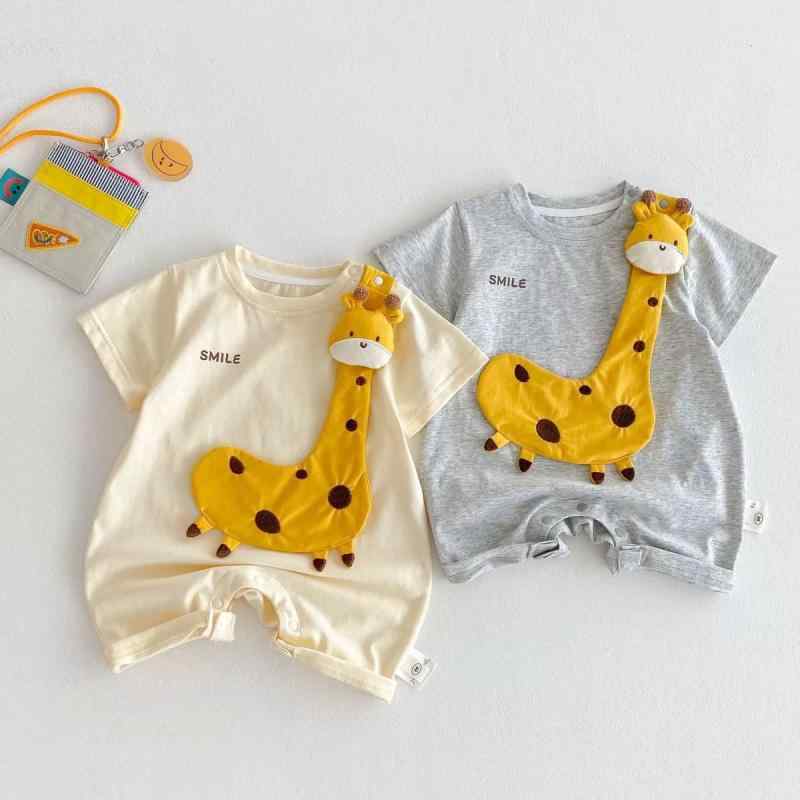 ロンパース ベビー 赤ちゃん カバーオール 乳幼児 柔らかい 肌に優しい 半袖 薄手 キリン柄 綿100% 男女兼用 夏用 部屋着 お出かけ カジュアル 通気性 吸汗速乾 グレー ベージュ