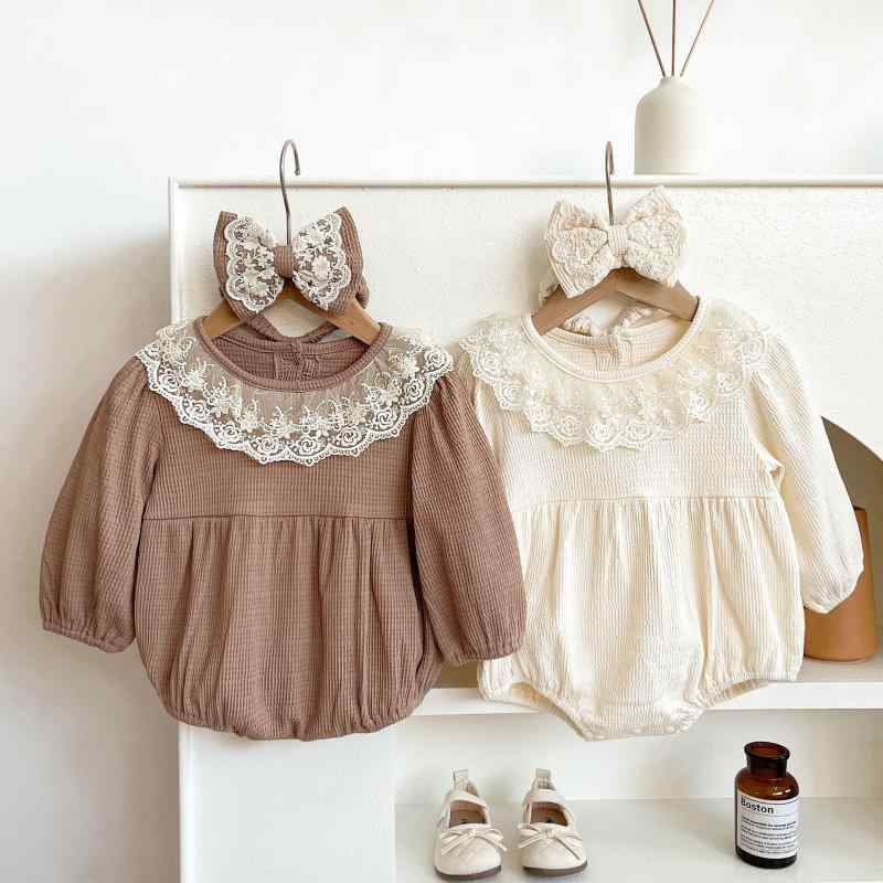 ロンパース ベビー 新生児 女の子 赤ちゃん 長袖 韓国風 おしゃれ 秋冬 コットン ワッフル生地 レース..