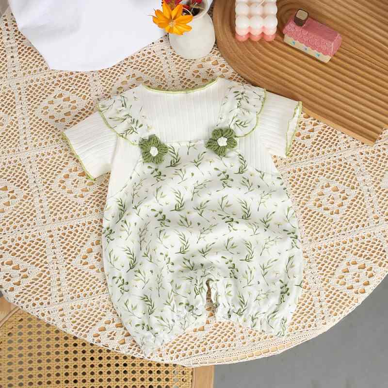 ロンパース ベビー 男女兼用 半袖 カバーオール 夏物 薄手 綿 コットン カジュアル 吸湿速乾 グリーン 柳の枝柄 お出かけ