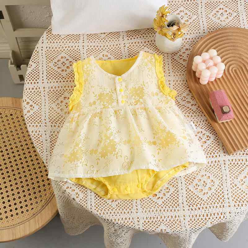 ベビー ロンパース 女の子 春夏 ノースリーブ 花柄 カバーオール イエロー 綿裏地 ポリエステル生地 薄..