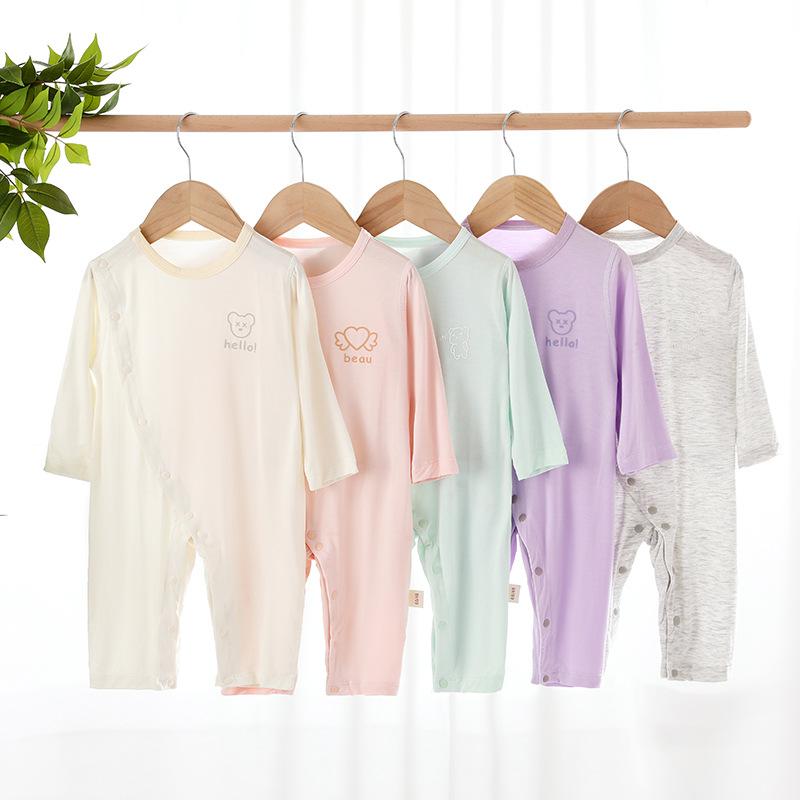 ロンパース ベビー 赤ちゃん カバーオール 前開き スナップボタン パジャマ 寝巻き 再生繊維 綿混 薄手 長袖 肌に優しい 通気性 吸湿速乾 涼しい 冷房対策 春夏 くま柄 天使柄 カジュアル 普段使い 部屋着 安心 安全