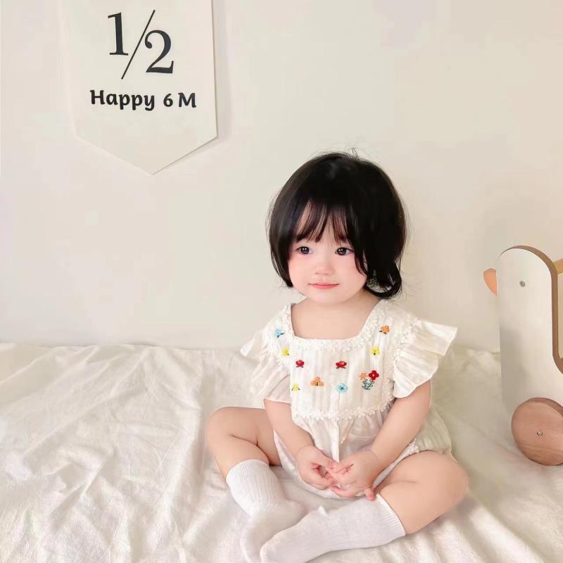 ロンパース 女の子 ベビー 新生児 夏 サマー 半袖 綿100% 薄手 刺繍 花柄 かわいい 白 ダブルポケット カジュアル 肌着 ボディスーツ カバーオール 吸湿速乾