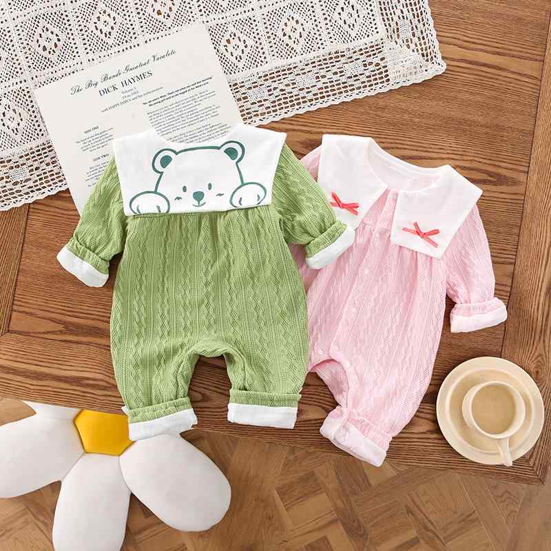 ロンパース 女の子 ベビー 幼児 春秋 長袖 前開き スナップボタン 外出着 カバーオール ポリエステル 二重 お出かけ服 おしゃれ かわいい 韓国風デザイン ピンク グリーン