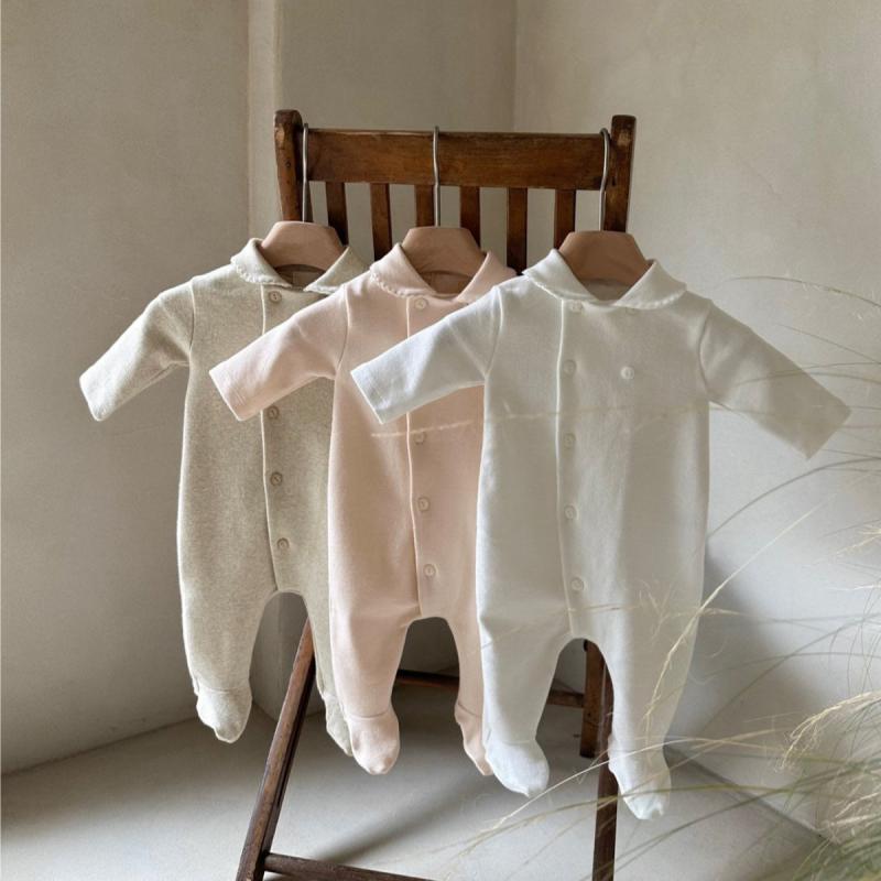 新生児 ベビー服 男女兼用 綿 コットン 襟付き 前開き ボタン 長袖 長丈 足つき ロンパース カバーオー..