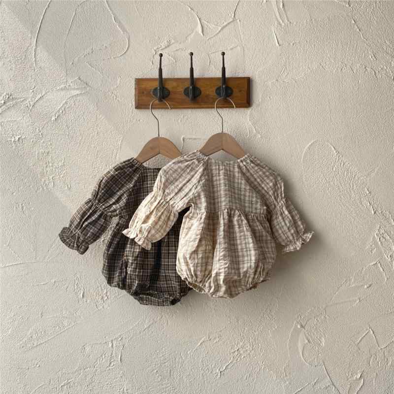 ロンパース ベビー 女の子 韓国風 レトロ 長袖 パフスリーブ Vネック グレンチェック柄 ポリエステル 春秋 普段使い カバーオール ボディスーツ ブラウン系 ベージュ系 三角タイプ(x2)